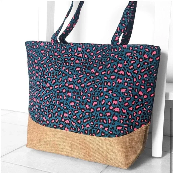 Teal pink leopard print women’s large jute canvas tote bag - Picture 4 of 4